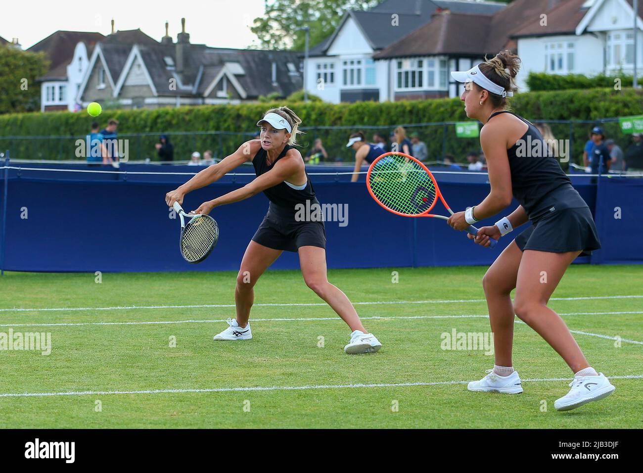 London, UK. 2nd June 2022. 2nd June 2022; Surbiton Racket & Fitness  Club, Surbiton, London, England: Surbiton Trophy Tennis tournament: Ingrid  Gamarra Martins (BRA) / Emily Webley-Smith (GBR) plays a backhand volley