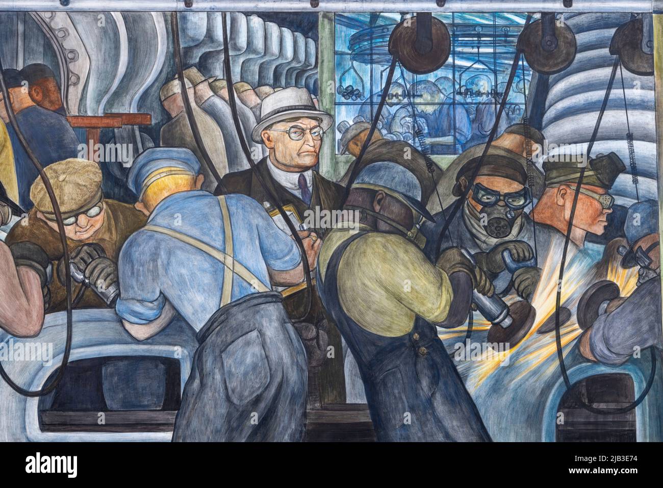 detail with manager, The Detroit Industry Murals (1932–1933), frescoes by Diego Rivera, depicting industry at the Ford Motor Company,  Detroit, USA Stock Photo