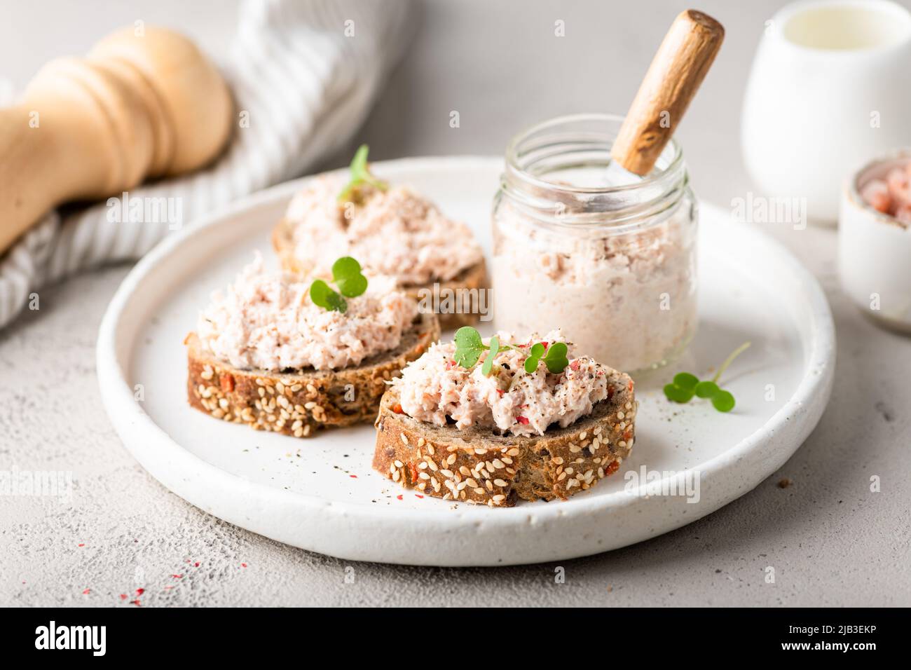 bruschetta with tuna pate, fish rillettes Stock Photo Alamy