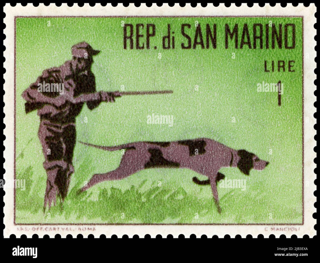 San Marino 1962 postage stamp features a hunter with his dog. Stock Photo