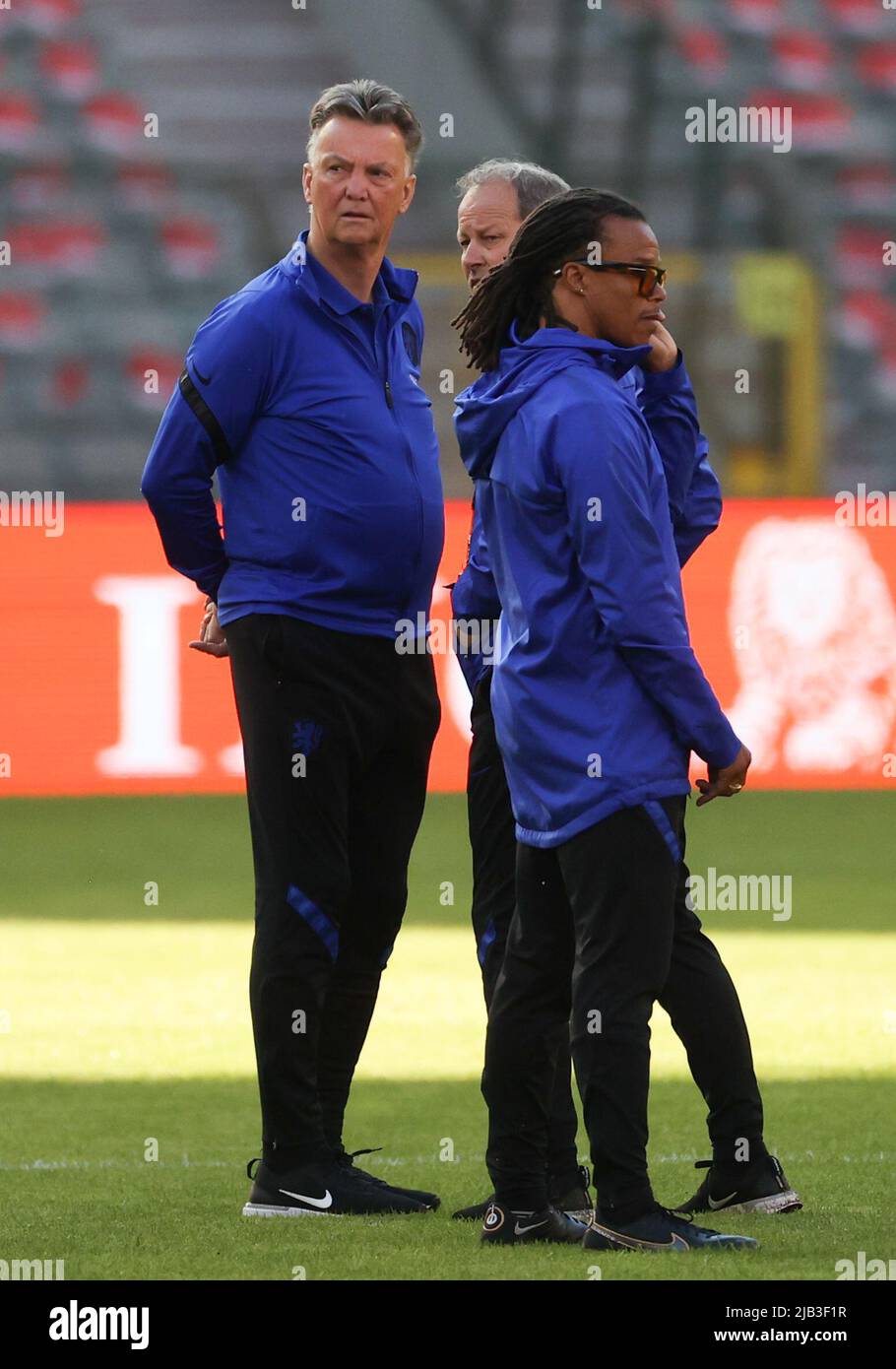 Brussels, Belgium. 2nd June 2022. Netherlands' head coach Louis Van Gaal and Netherlands' assistnt coach Edgar Davids pictured during a training session of the Netherlands national team, Thursday 02 June 2022 in Brussels, during the preparations for the upcoming UEFA Nations League match against Belgium. BELGA PHOTO VIRGINIE LEFOUR Stock Photo