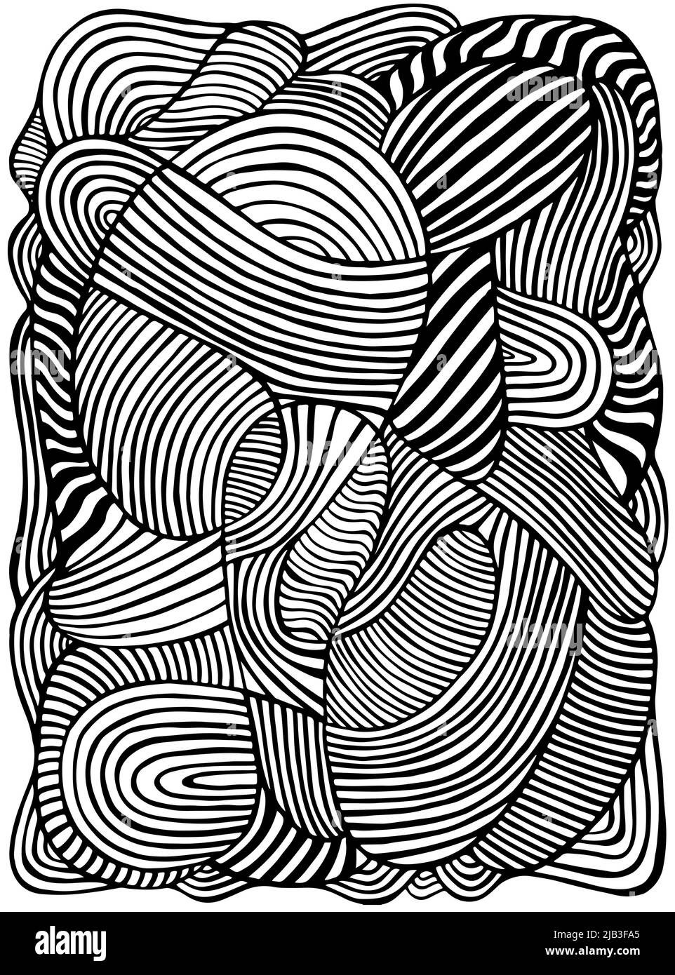 Tabby psychedelic coloring page. Fantastic art with decorative striped texture. Surreal doodle pattern. Black and white abstract pattern, maze wave of Stock Vector