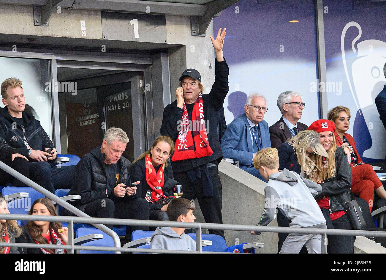 Campino (Die Toten Hosen) waving in the tribune, r. Ulla KLOPP (wife of  coach Juergen Klopp) Soccer Champions League Final 2022, Liverpool FC (LFC)  - Real Madrid (Real) 0: 1, on May