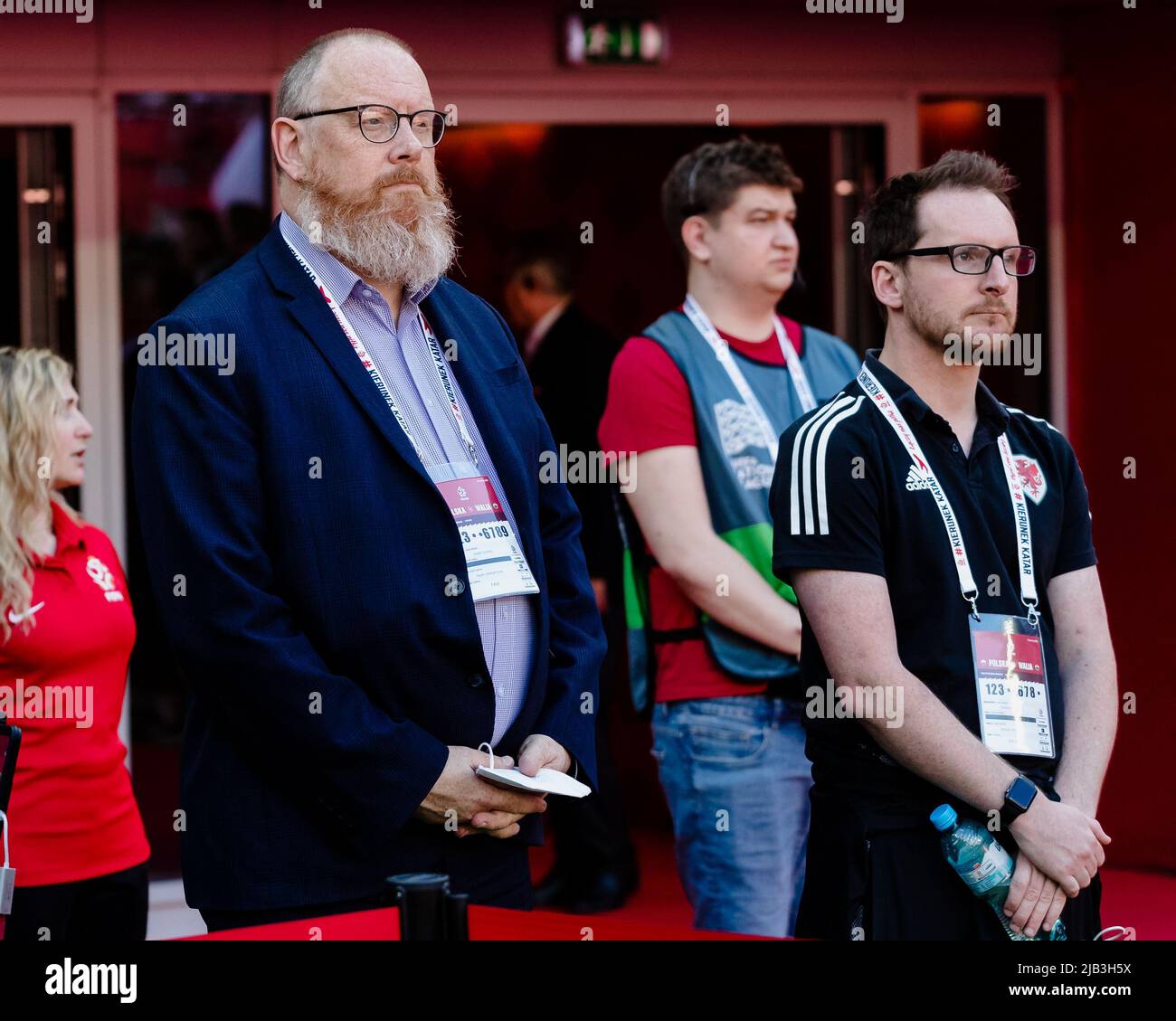 WROCŁAW, POLAND - 01 JUNE 2022: Wales’ Head of International Affairs Mark Evans and Wales’ Media Officer Owain Harries during the League A 2022 Nations League fixture between Poland & Wales at the Tarczynski Arena, Wrocław, Poland on the 1st of June, 2022. (Pic by John Smith/FAW) Stock Photo