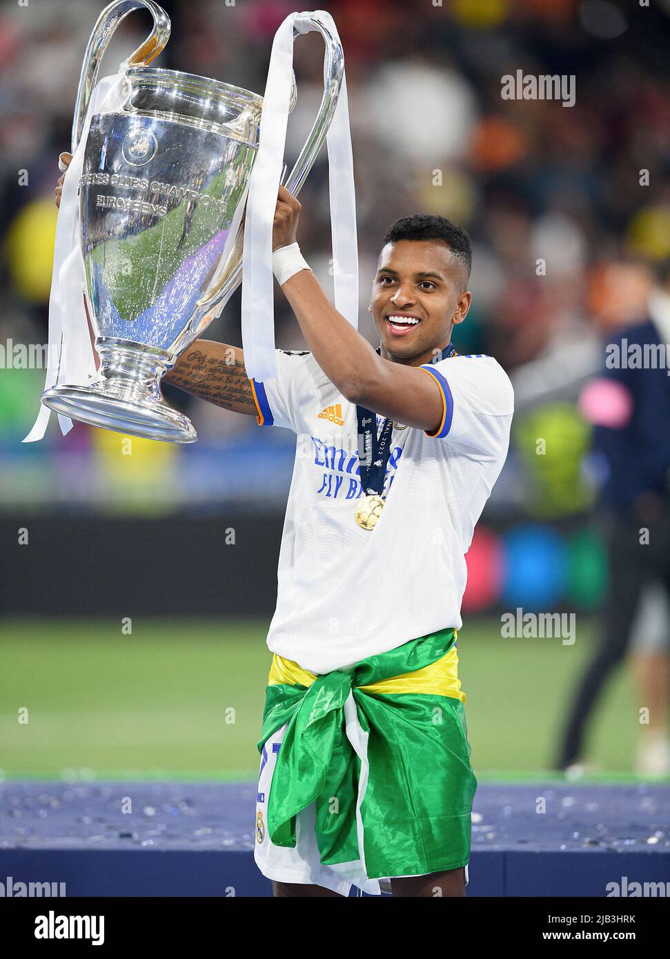 Award ceremony, RODRYGO (Real) with cup, football Champions League final 2022, Liverpool FC (LFC) - Real Madrid (Real) 0: 1, on May 28th, 2022 in Paris/France. Â Stock Photo