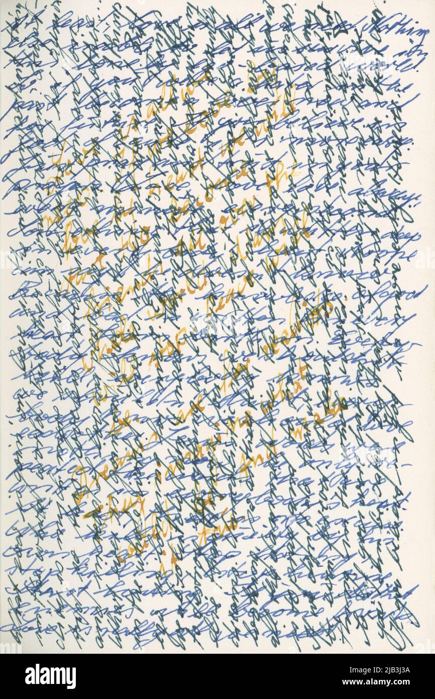 Handwritten text in three directions with a fountain pen and three colors of ink: blue, black and yellow Stock Photo