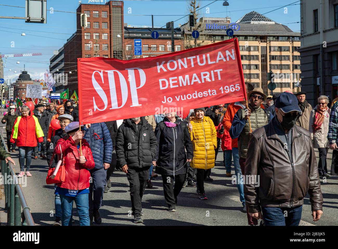 Kontulan demarit at socialist May Day parade on International Workers' Day or May Day or Labour Day in Unionkatu, Helsinki, Finland Stock Photo