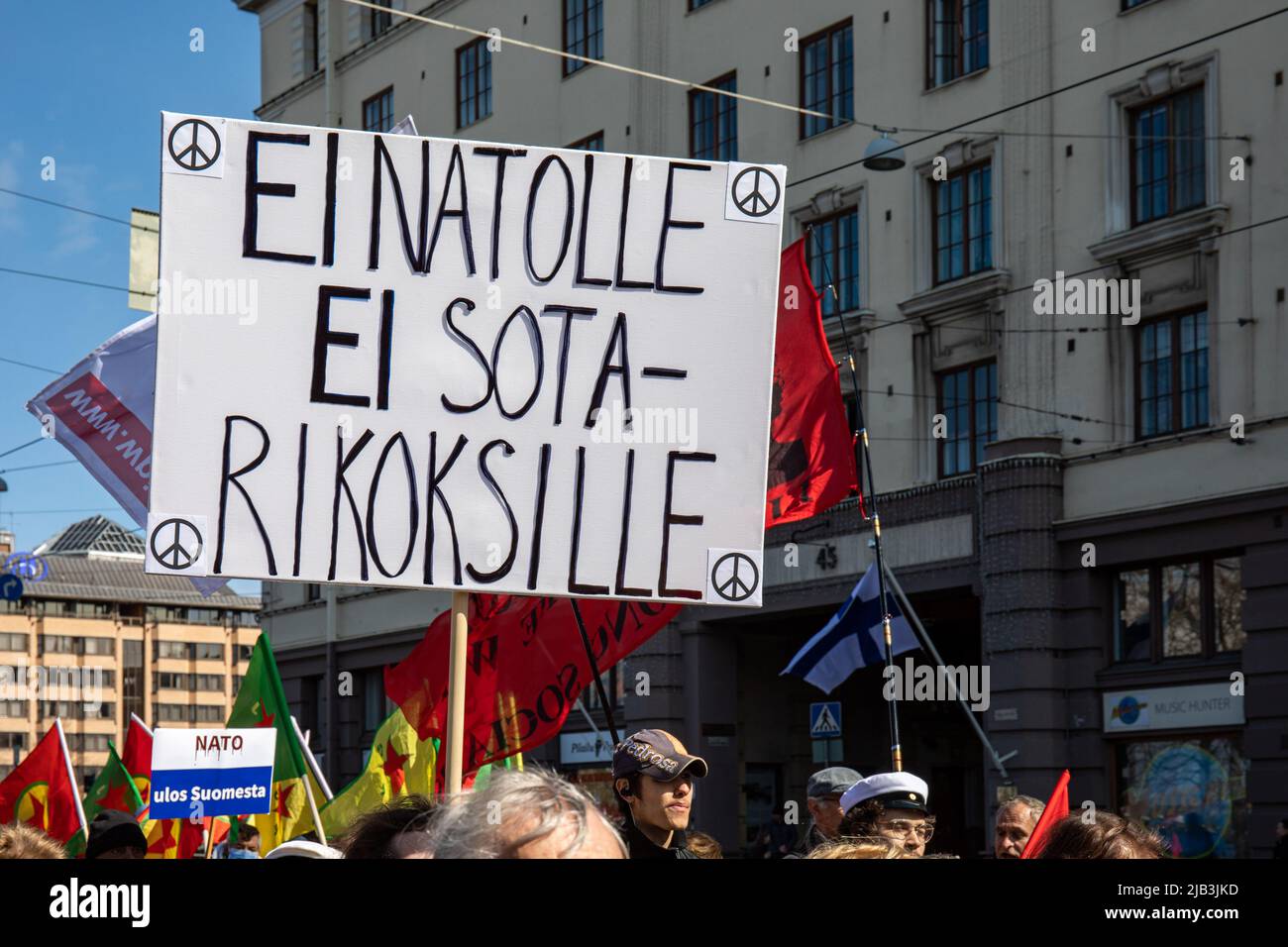 EI NATOLLE. Hand-written anti-NATO sign at socialist May Day parade on International Workers' Day in Helsinki, Finland. Stock Photo
