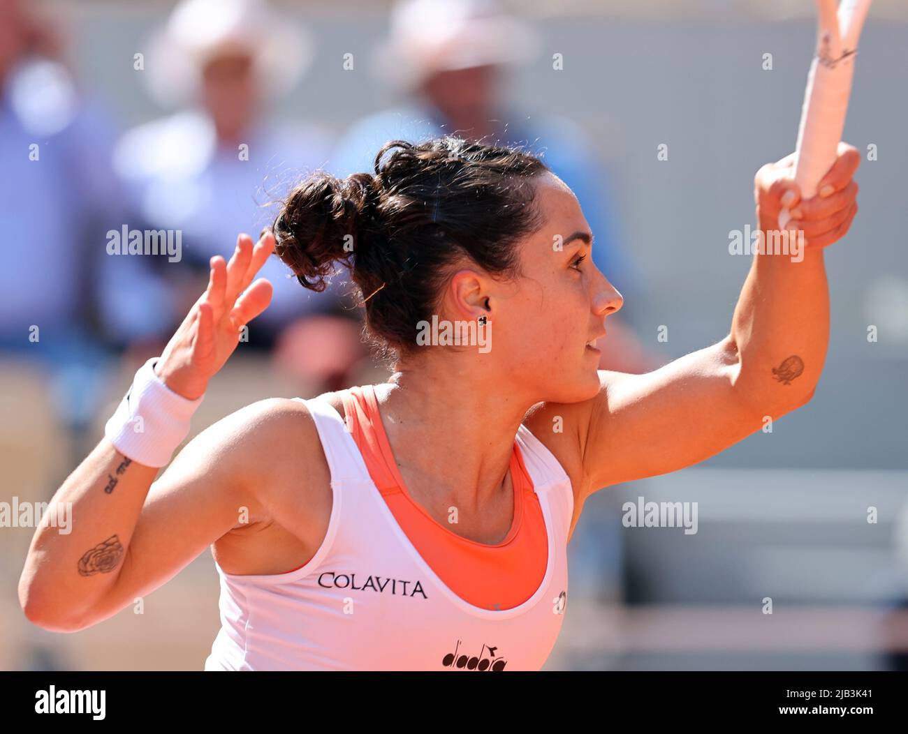 Paris, France. 02nd June, 2022. Martina Trevisan of Italy returns the ball toUS Coco Gauff during their Tennis Open semi-final match at Roland Garros near Paris, France, on Thursday, June 2, 2022. Gauff won 6-3, 6-1 and qualified for the final. Photo by Maya Vidon-White/UPI Credit: UPI/Alamy Live News Stock Photo