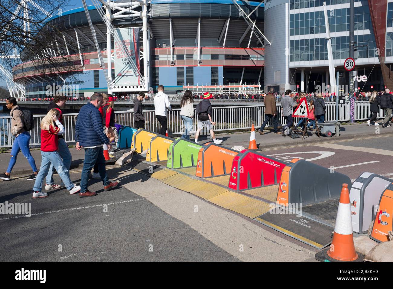 Road Bollards outside the Principality Stadium on rugby match day Cardiff South Wales Stock Photo