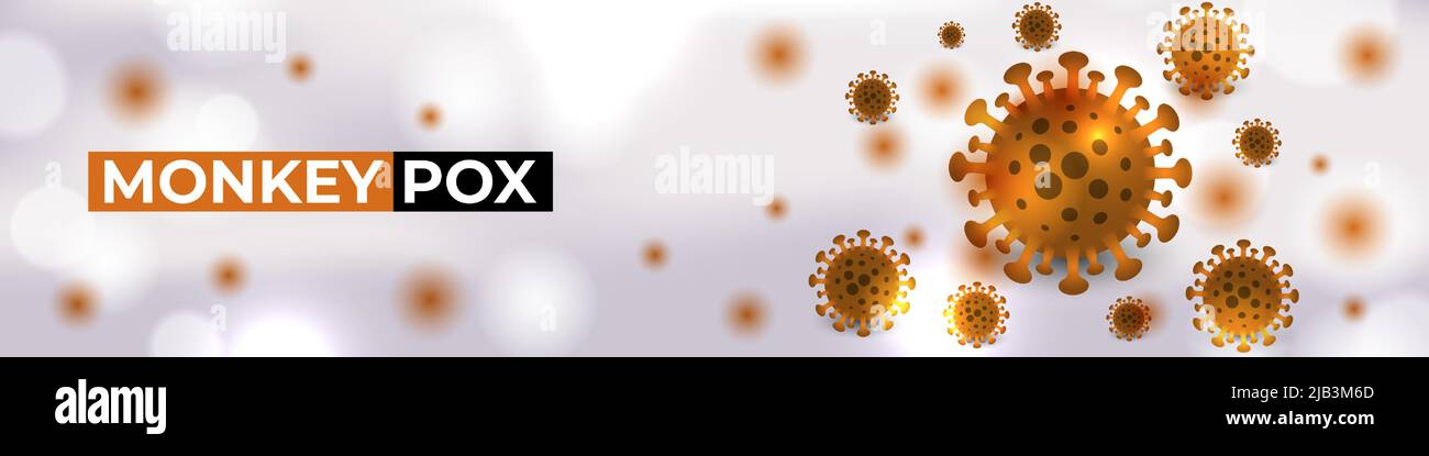 Monkeypox virus cells outbreak medical banner. Monkeypox virus cells on white sciense background. Pox microbiological vector wide background. Stock Vector