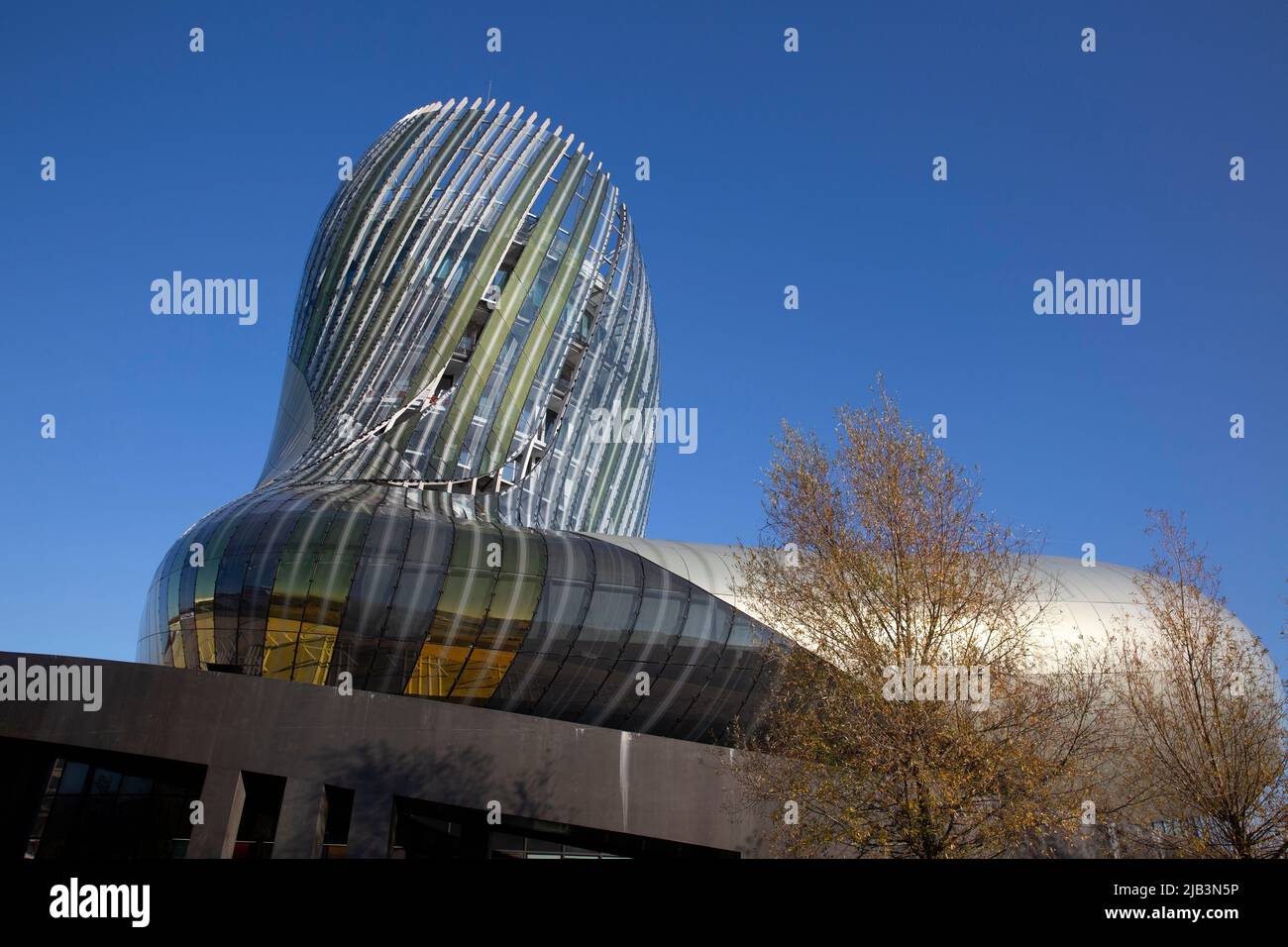 The Cité du Vin in Bordeaux, France on November 19, 2021. The Cité du Vin was inaugurated in 2016 with the goal of celebrating wine and educating people about its production and history. The 13,350 m² space is considered to be the best wine center in the world. It's been designed by the French architectural company, XTU, with the exhibitions designed by the British firm Casson Mann. Photograph by Bénédicte Desrus Stock Photo
