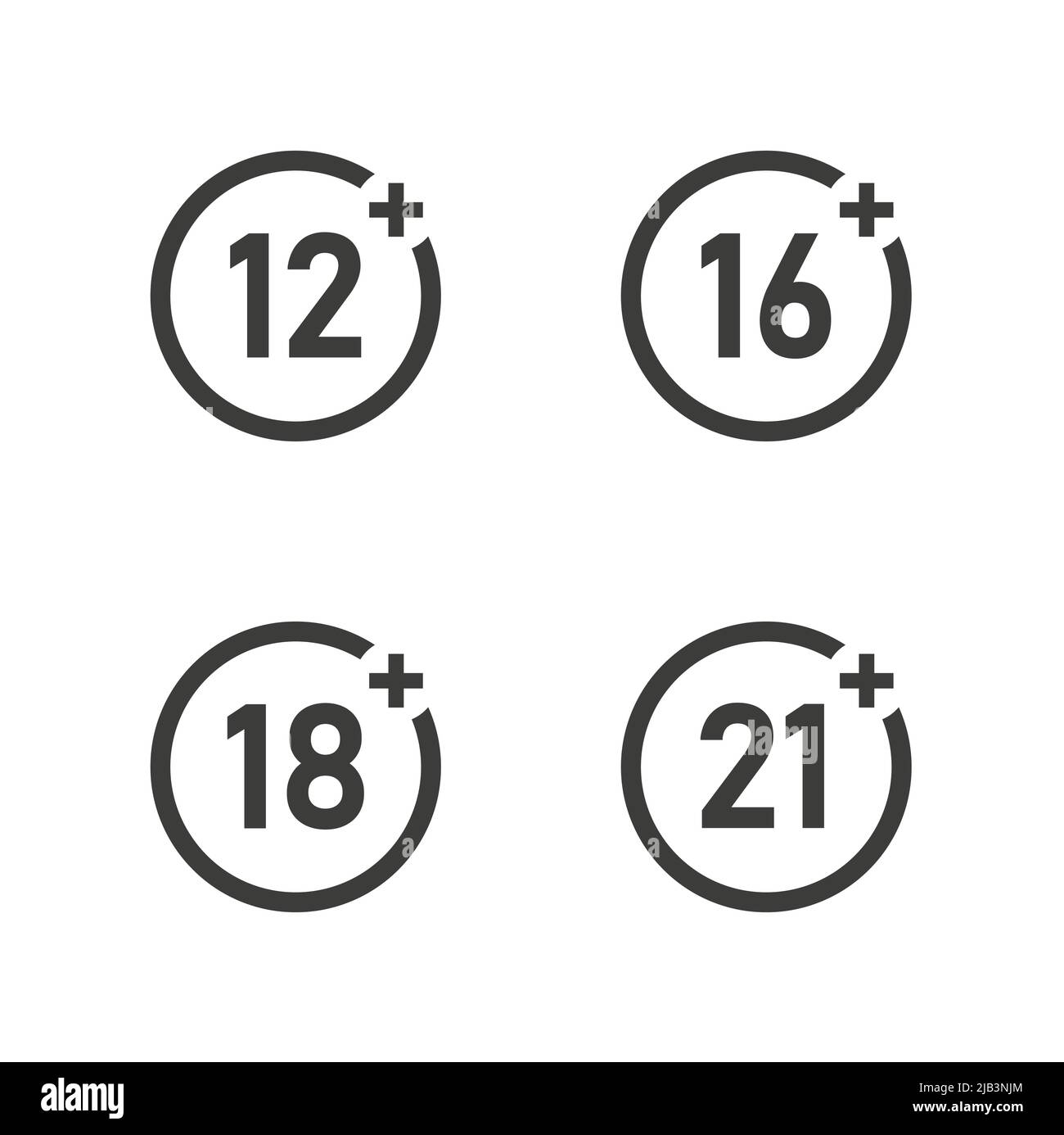 Age restrictions icon set. Vector on isolated white background.12., 16, 18, 21 Stock Vector