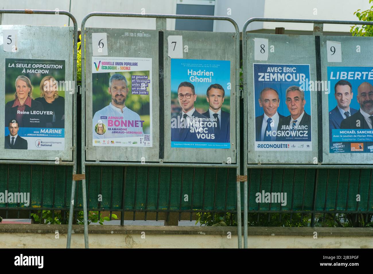 Paris, France - June 2, 2022 : Campaign posters of all the important politicians of France for the legislative elections Stock Photo