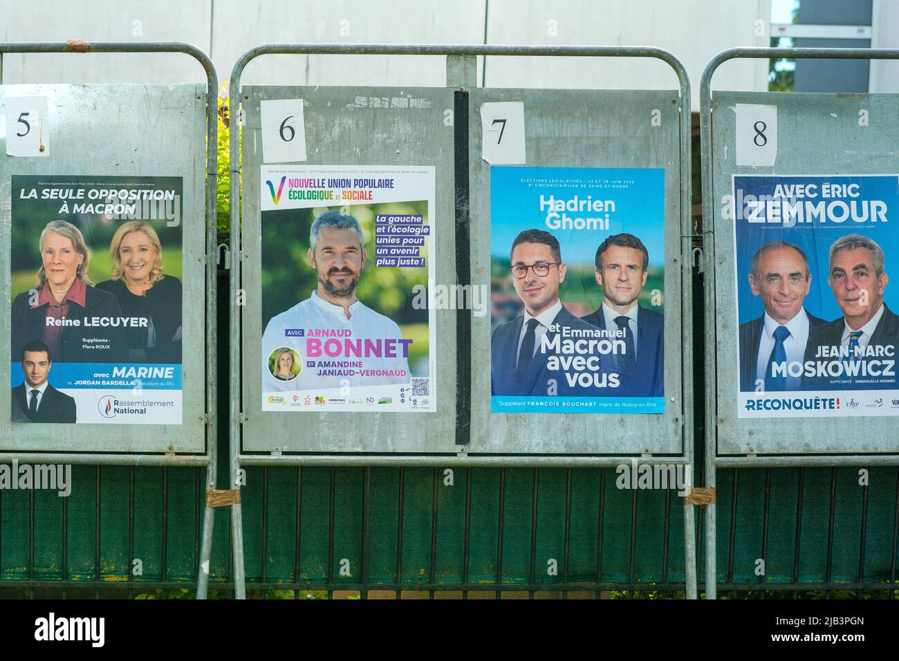 Paris, France - June 2, 2022 : Campaign posters of all the important politicians of France for the legislative elections Stock Photo