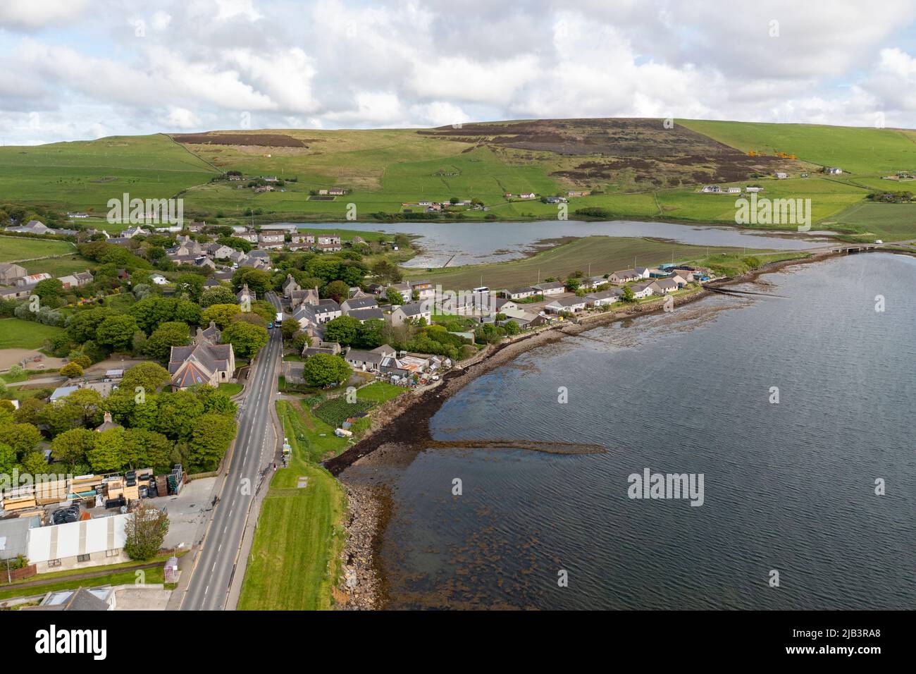Aerial view of Finstown village, Orkney Islands, Scotland Stock Photo