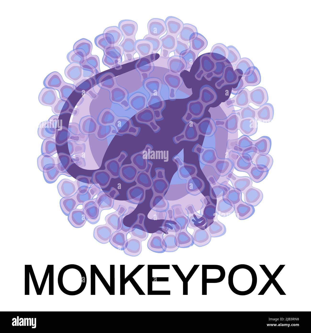 Monkeypox virus cell with monkey silhouette and text on white background. Virus disease concept. Microbiological background. Vector illustration. Stock Vector