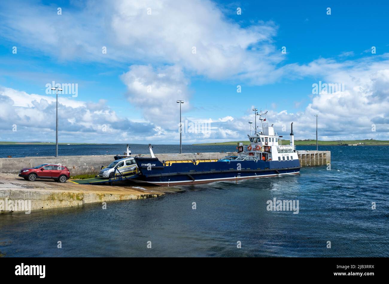The Eynehallow ferry arrives at Brinian on the Island of Rousay, Orkney Islands, Scotland. Stock Photo