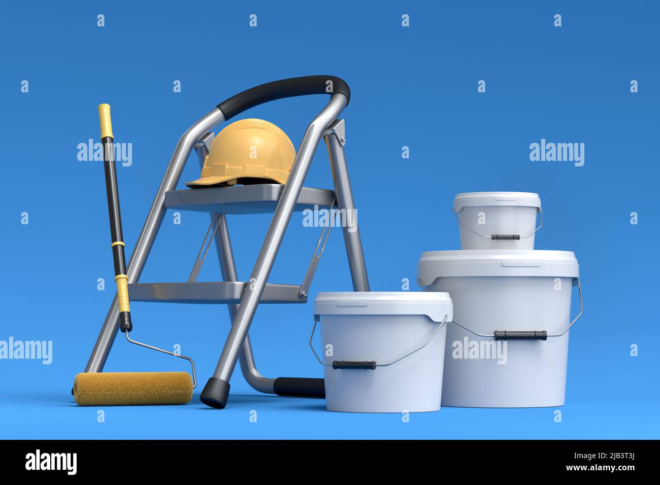 Set of folding ladder, bucket, safety helmet with paint rollers and