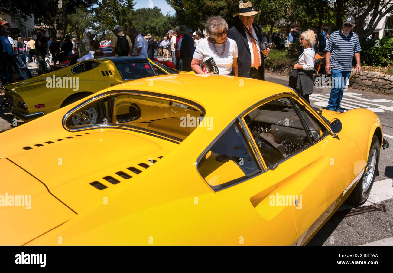 Dino 246 GT seen at the Carmel-by-the-Sea Concours on the Avenue during Monterey Car Week Stock Photo