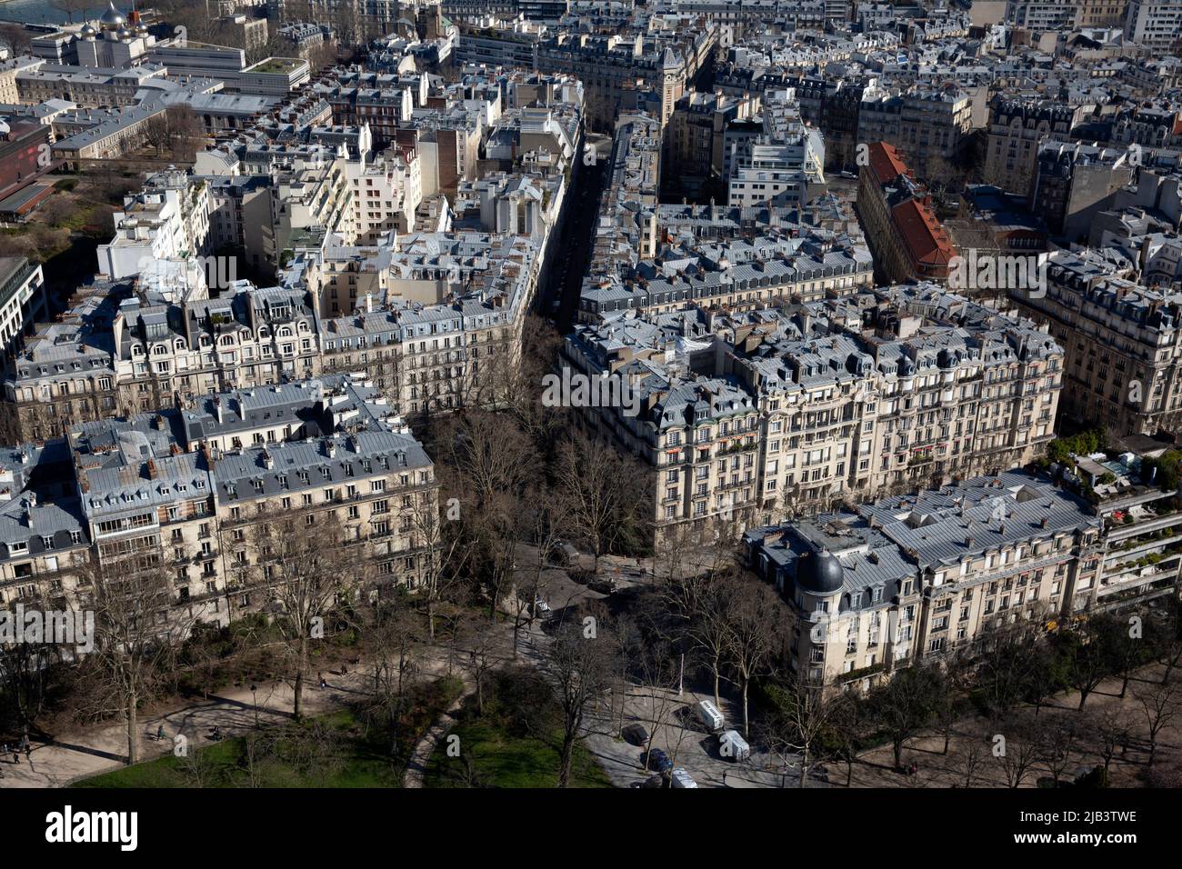 View of Paris from the Eiffel Tower in Paris, France on February 28, 2022. Paris is the capital and most populous city of France, with an estimated population of 2,165,423 residents in 2019 in an area of more than 105 km² (41 sq mi), making it the 34th most densely populated city in the world in 2020. Photograph by Bénédicte Desrus Stock Photo
