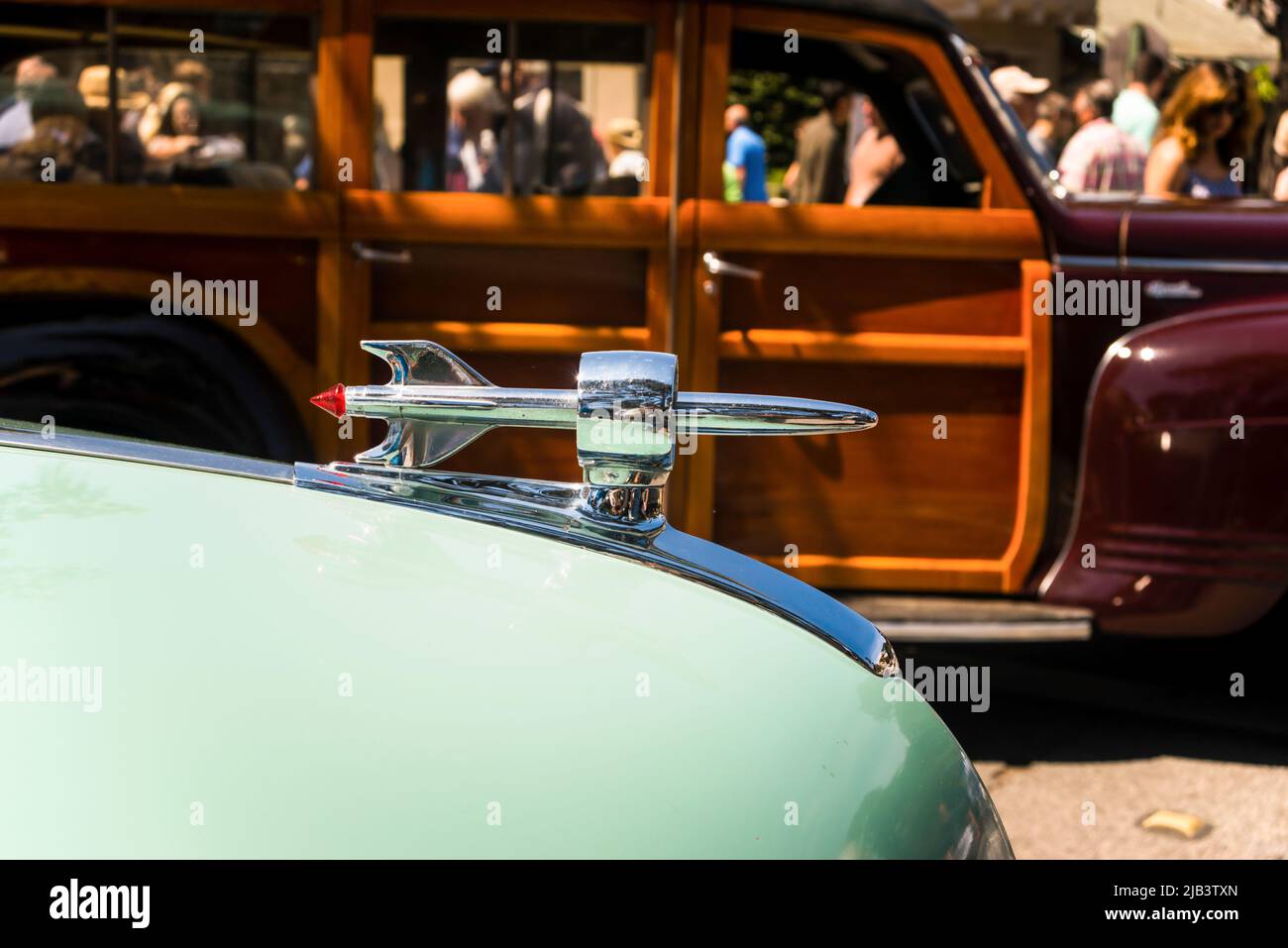 Detail of 1950 Ford Woody seen at the Carmel-by-the-Sea Concours on the Avenue during Monterey Car Week Stock Photo