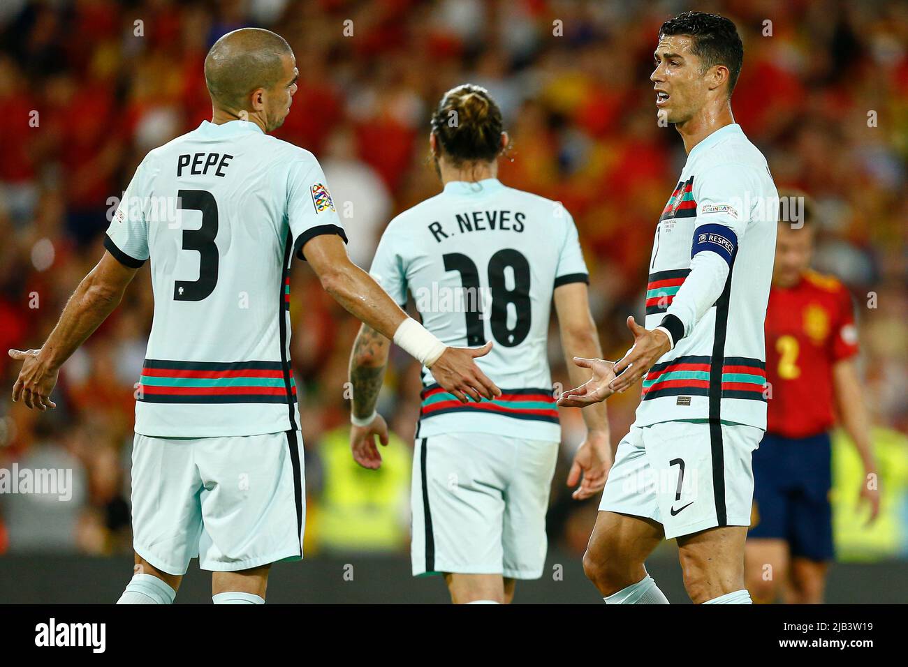 Cristiano Ronaldo and Kepler Laveran Pepe of Portugal during the UEFA Nations League match between Spain and Portugal played at Benito Villamarin Stadium on June 2, 2022 in Sevilla, Spain. (Photo by Antonio Pozo / PRESSINPHOTO) Stock Photo
