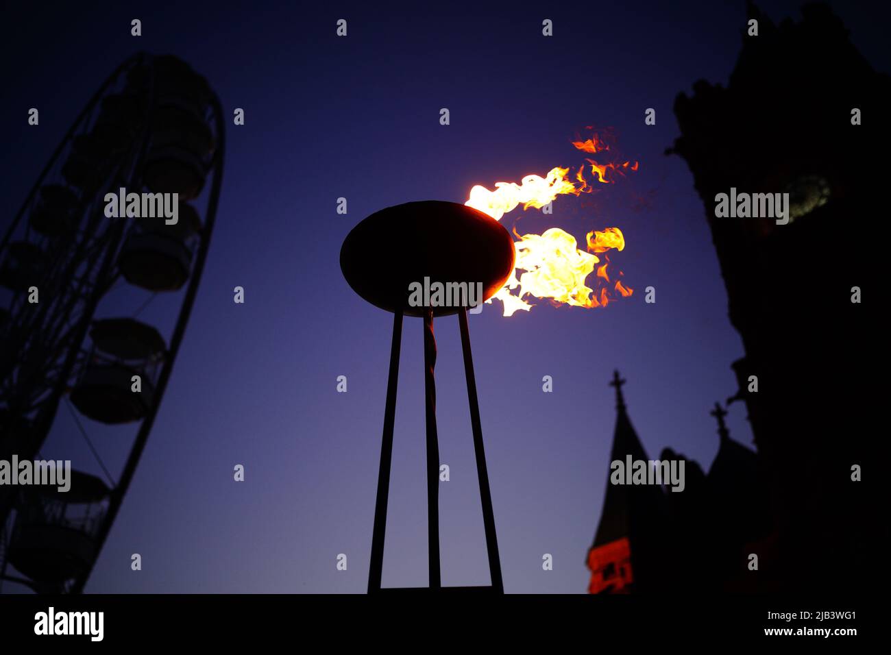 A Platinum Jubilee beacon is lit in Cardiff Bay, on day one of the