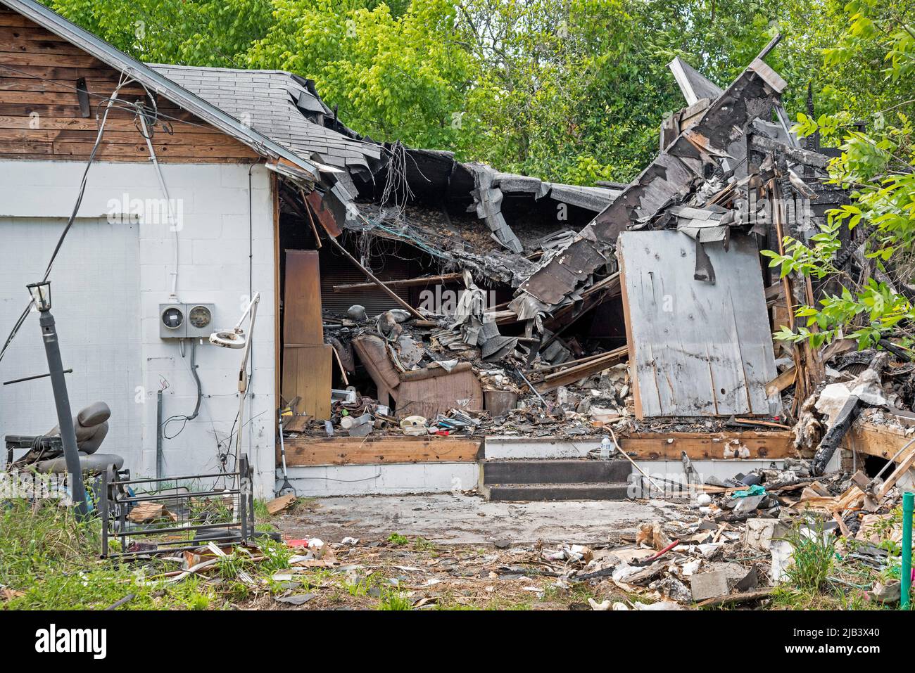 Aftermath of a house fire....all that's left... Stock Photo
