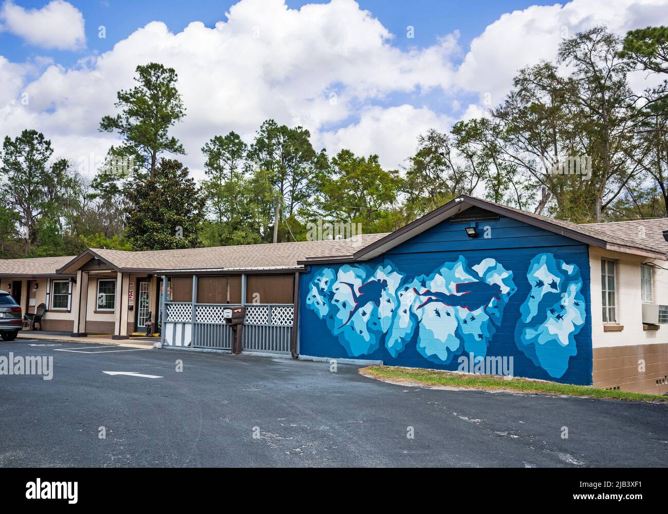 Scuba diving mural painted on the wall of a motel in High Springs, Florida, which is the epicenter of Cave Diving in the world. Stock Photo