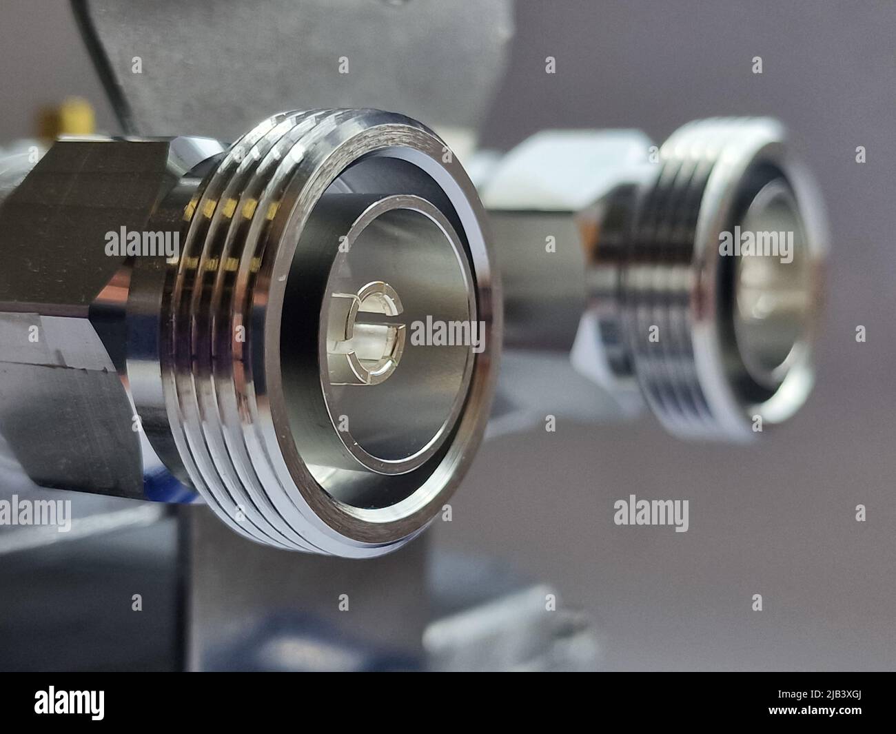 DIN 7/16 low passive intermodulations (PIM) coaxial connector for high power radio frequency RF and microwave applications Stock Photo