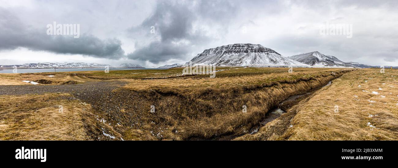 Snowy mountain massif at Gilsfjörður in Iceland Stock Photo
