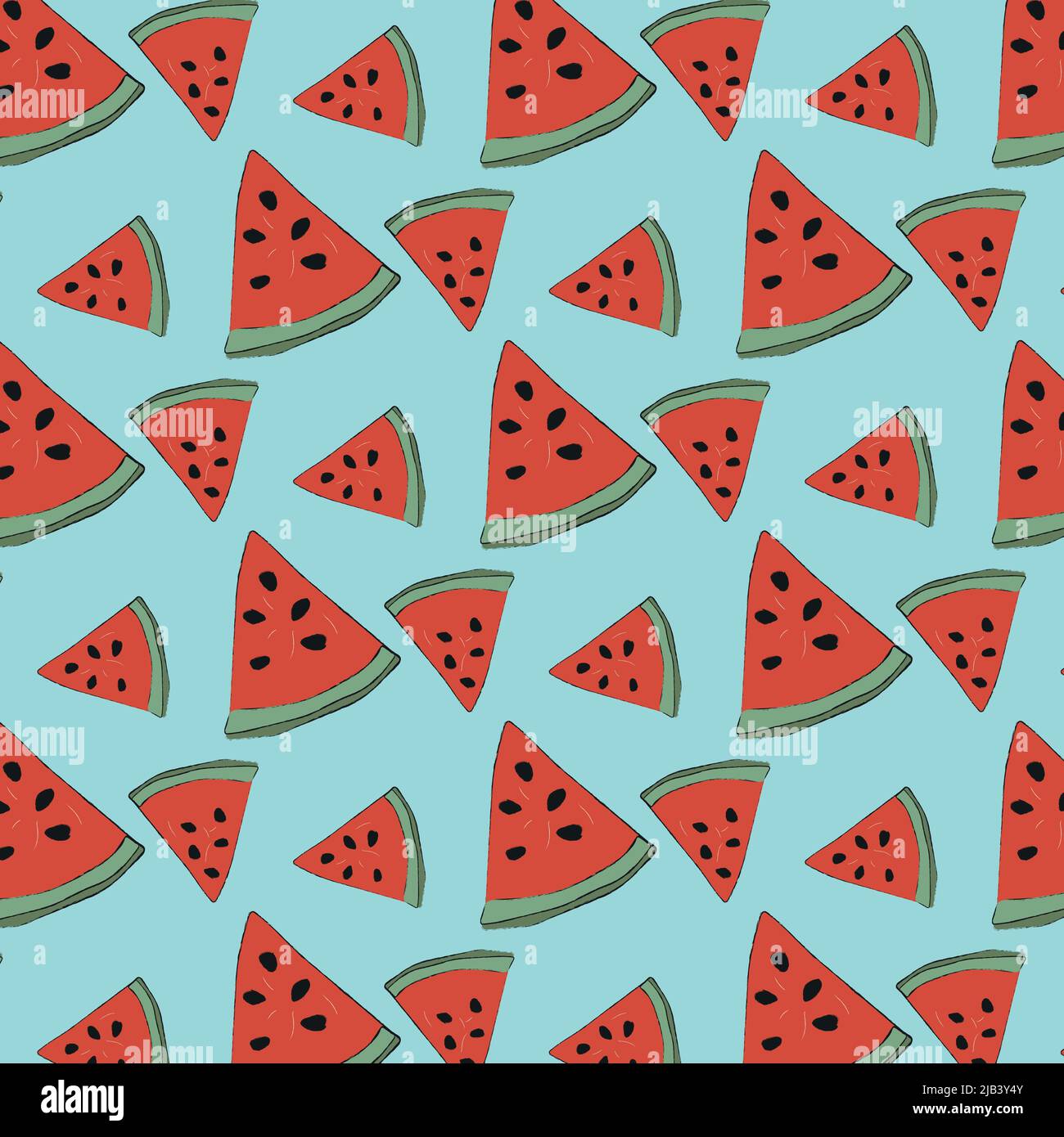 hand-drawn seamless pattern of watermelon slices on blue background. vector illustration. Stock Vector