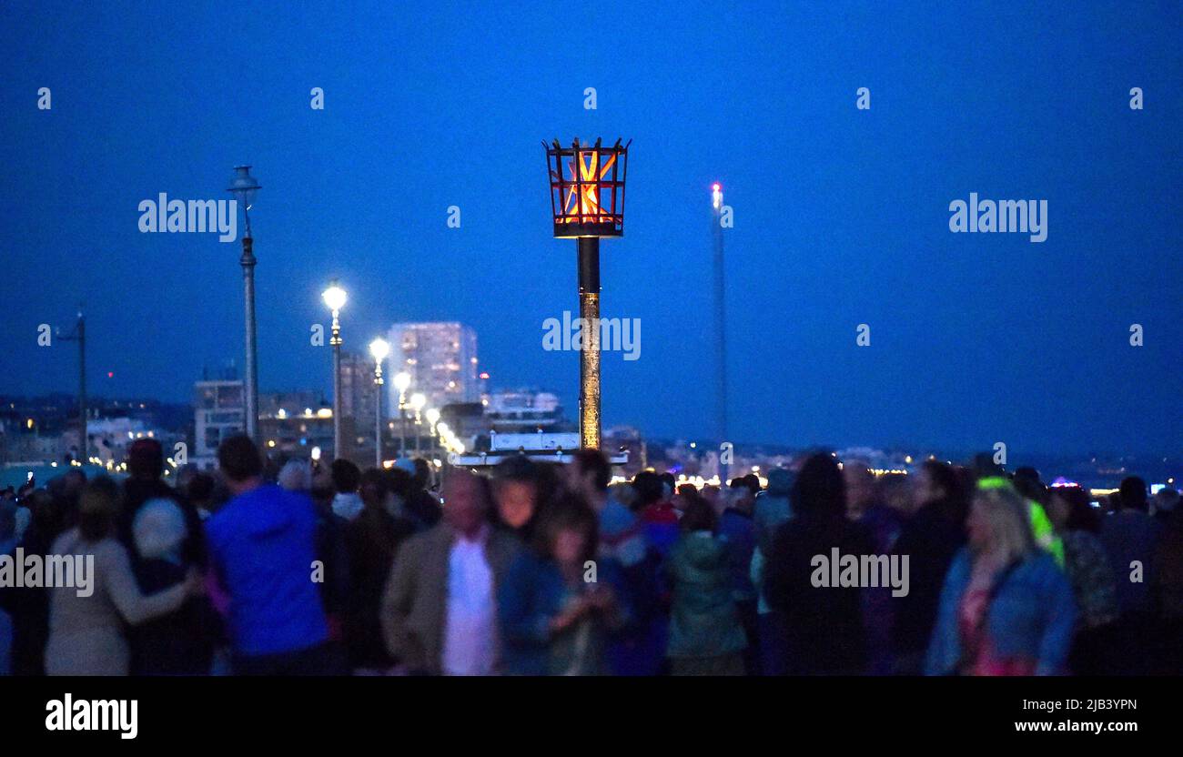 Hove , Brighton UK 2nd June 2022 The lighting of the Queen's Platinum