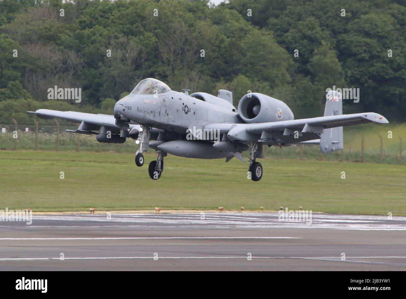 79-0082, a Fairchild Republic A-10C Thunderbolt II (or Warthog) operated by the 175th Wing of the Maryland Air National Guard of the United States Air Force, arriving at Prestwick International Airport in Ayrshire. The aircraft was one of ten A-10Cs routing through Prestwick on their journey from Latvia back to the USA, after participating in Exercise Swift Response. Stock Photo