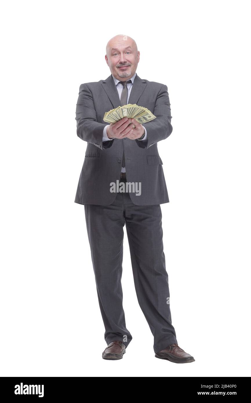 in full growth. smiling business man with dollar bills Stock Photo - Alamy
