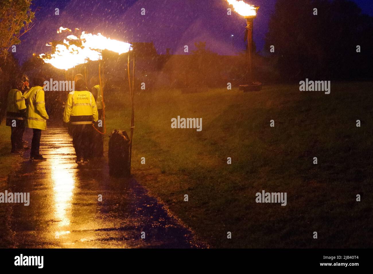 Wallsend, England, 2 June 2022. Seven beacons, including a huge steel brazier standing four metres high manufactured by local company Smulders, after being lit at Segedunum Roman Fort during the Queen’s Platinum Jubilee event. Credit: Colin Edwards / Alamy Live News Stock Photo