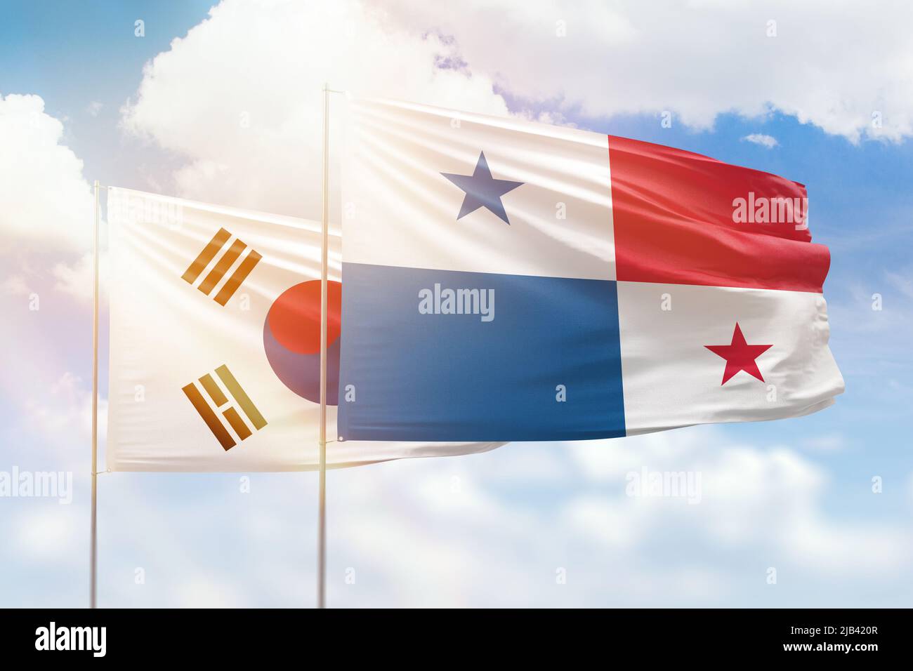 Sunny Blue Sky And Flags Of Panama And South Korea Stock Photo Alamy