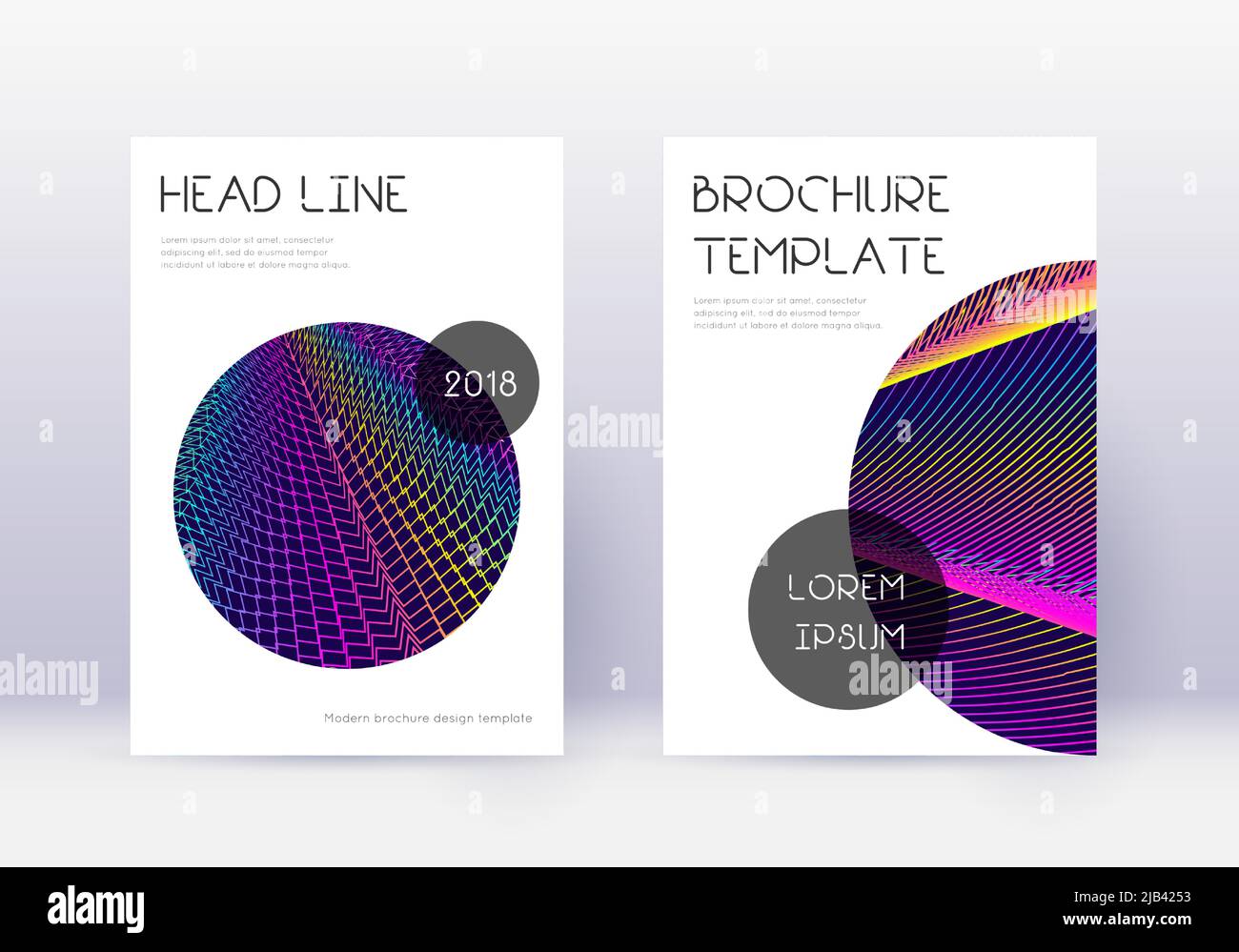 Trendy cover design template set. Rainbow abstract lines on dark blue