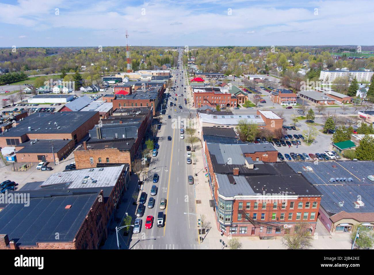 Potsdam downtown aerial view on Main Street and Market Street in town