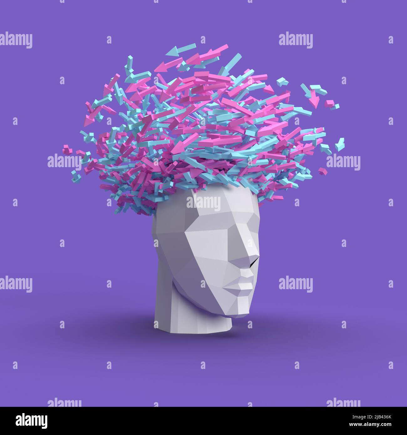 overwhelmed  by swarm of thoughts and ideas - arrows flying around head 3d illustration Stock Photo