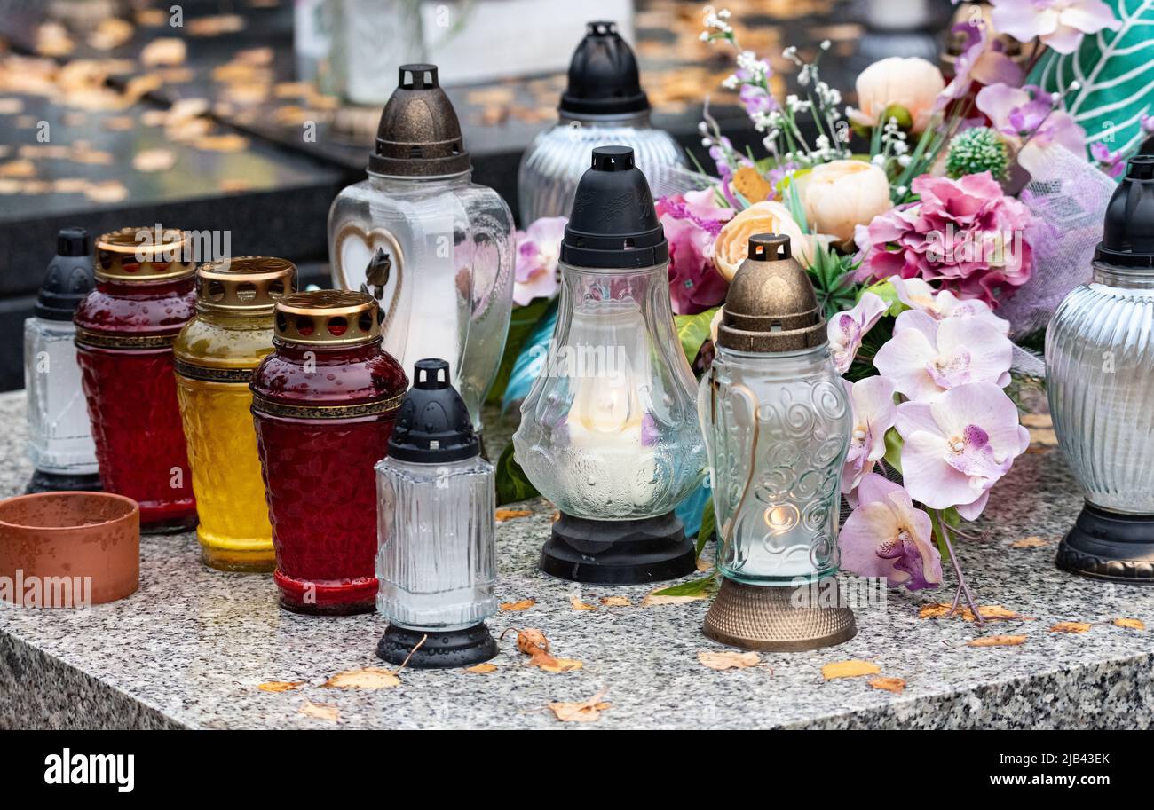 All Saints' Day, burning candles and flowers on the graves. Catholic