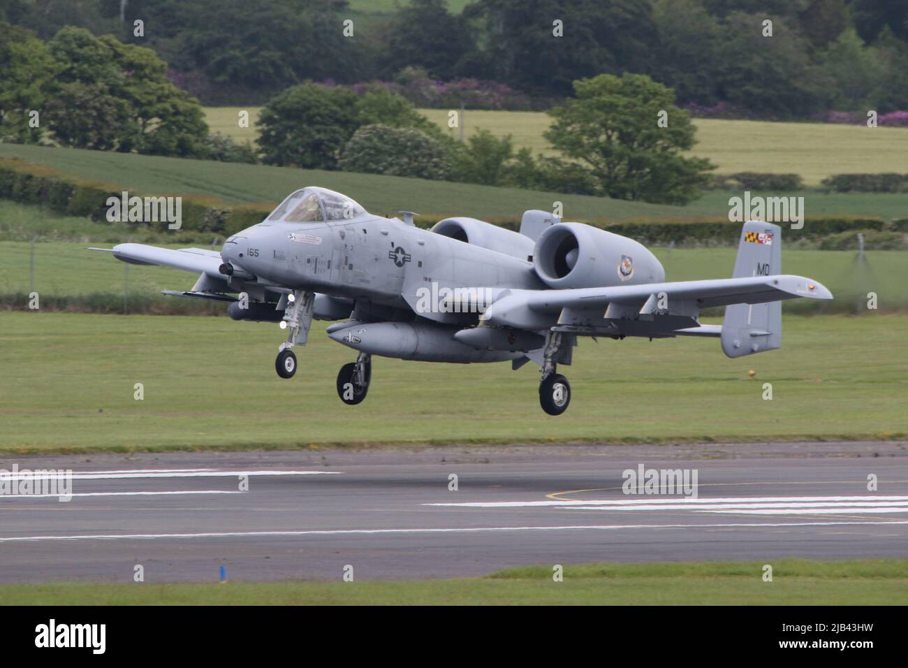 79-0165, a Fairchild Republic A-10C Thunderbolt II (or Warthog) operated by the 175th Wing of the Maryland Air National Guard of the United States Air Force, arriving at Prestwick International Airport in Ayrshire. The aircraft was one of ten A-10Cs routing through Prestwick on their journey from Latvia back to the USA, after participating in Exercise Swift Response. Stock Photo