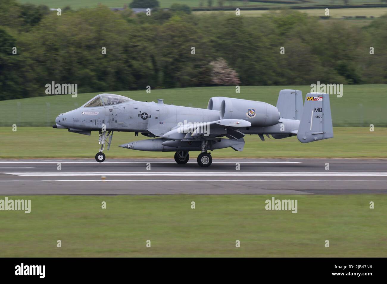 79-0165, a Fairchild Republic A-10C Thunderbolt II (or Warthog) operated by the 175th Wing of the Maryland Air National Guard of the United States Air Force, arriving at Prestwick International Airport in Ayrshire. The aircraft was one of ten A-10Cs routing through Prestwick on their journey from Latvia back to the USA, after participating in Exercise Swift Response. Stock Photo
