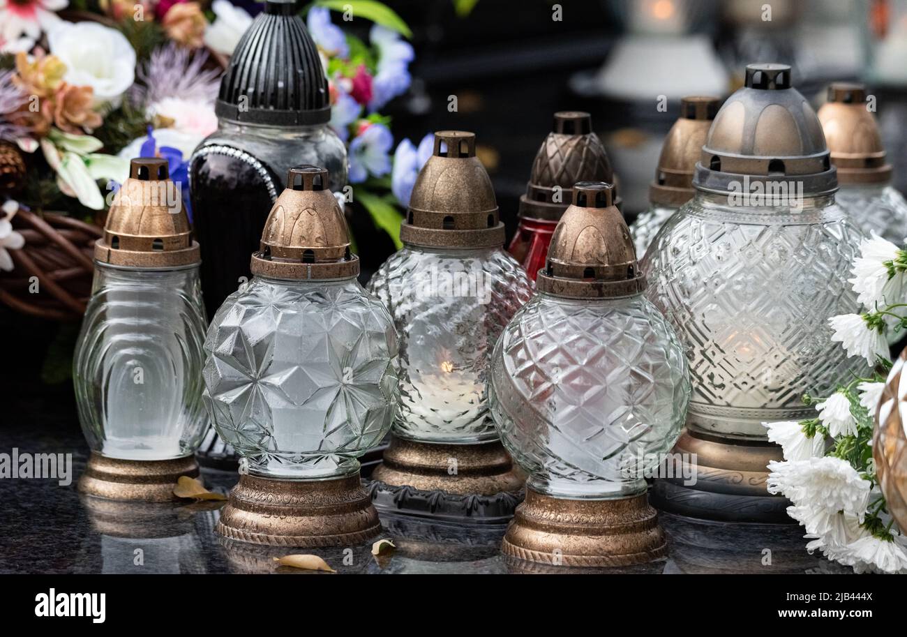 All Saints' Day, burning candles and flowers on the graves. Catholic