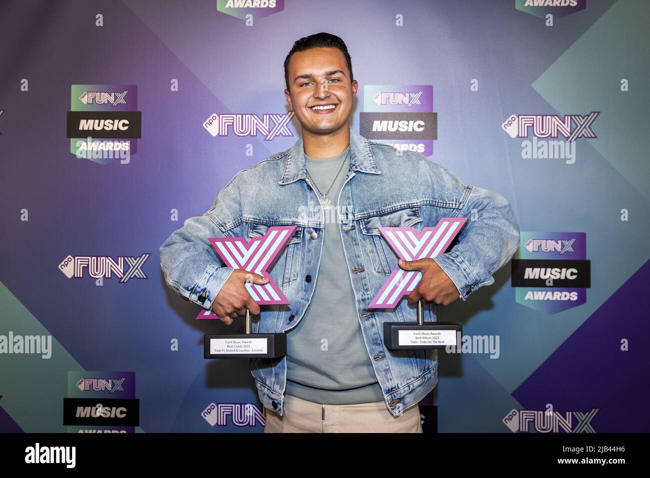 2022-06-02 23:01:27 AMSTERDAM - Trobi wins the best collab and best album award during the FunX Music Awards in AFAS Live in Amsterdam. During the award show, the most important music prizes of the young Netherlands were presented. ANP RAMON VAN FLYMEN netherlands out - belgium out Stock Photo