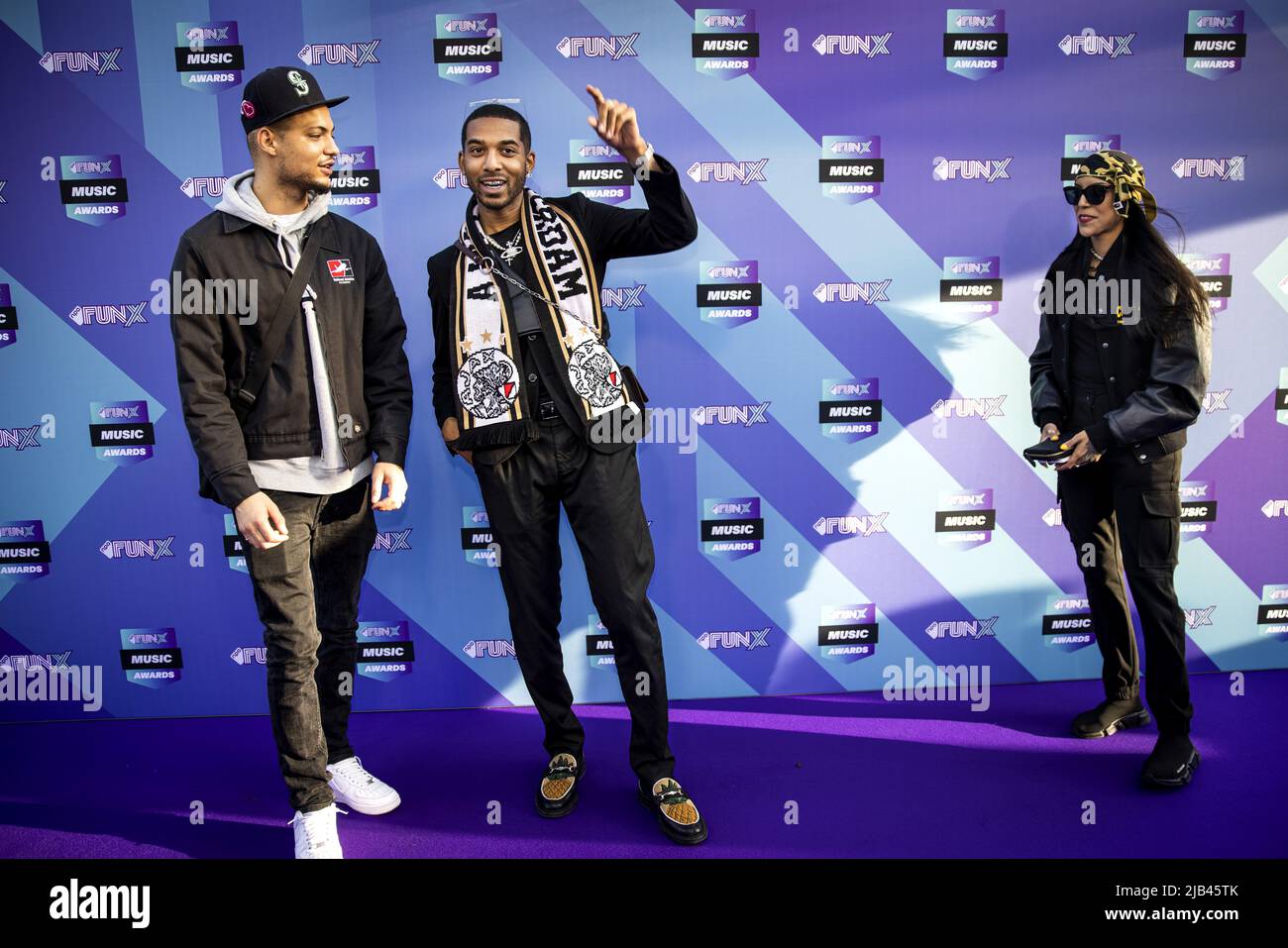 2022-06-02 20:11:03 AMSTERDAM - Rapper Sor and Latu on the purple carpet for the FunX Music Awards in AFAS Live in Amsterdam. During the award show, the most important music prizes of the young Netherlands are presented. ANP RAMON VAN FLYMEN netherlands out - belgium out Stock Photo