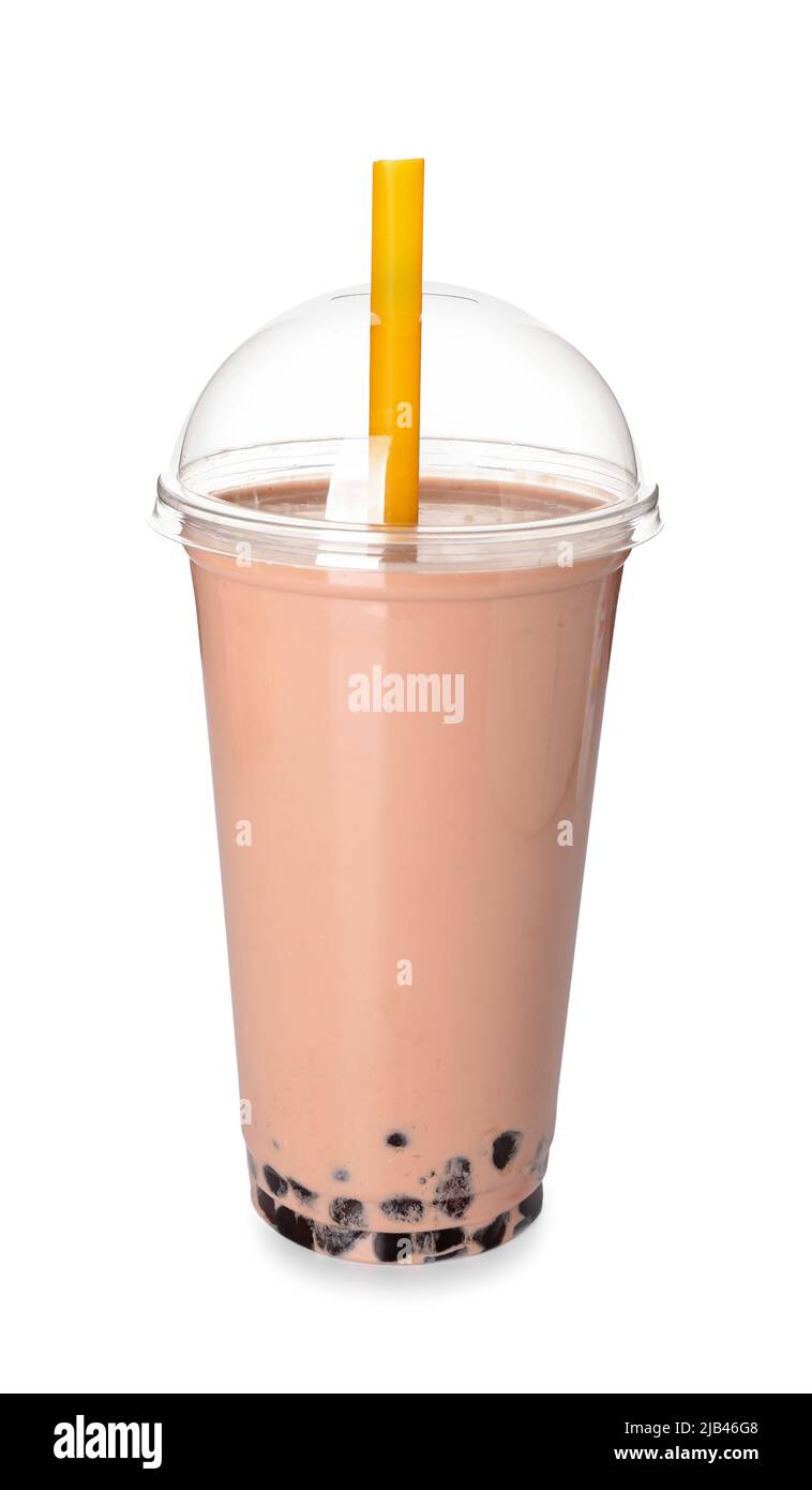 Plastic cup of tasty bubble tea on white background Stock Photo - Alamy
