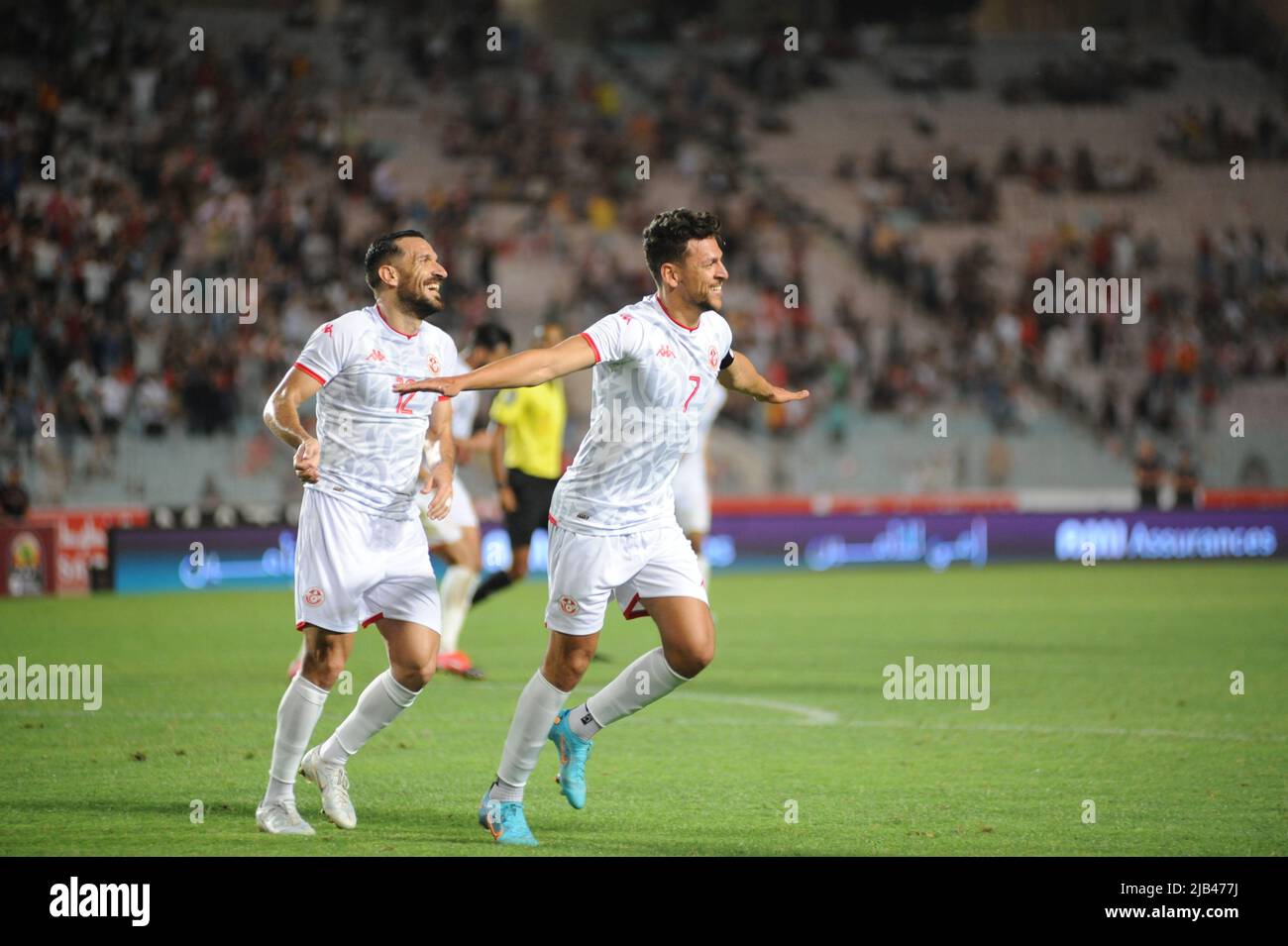 Rades, Tunis, Tunisia. 3rd June, 2022. Youssef M'sakni the captain of the Tunisian team expresses his joy after scoring 2 goals during the match Tunisia vs Equatorial Guinea African Cup of Nations qualifiers Group stage - Group J - day 1 at the Rades stadium. (Credit Image: © Chokri Mahjoub/ZUMA Press Wire) Credit: ZUMA Press, Inc./Alamy Live News Stock Photo