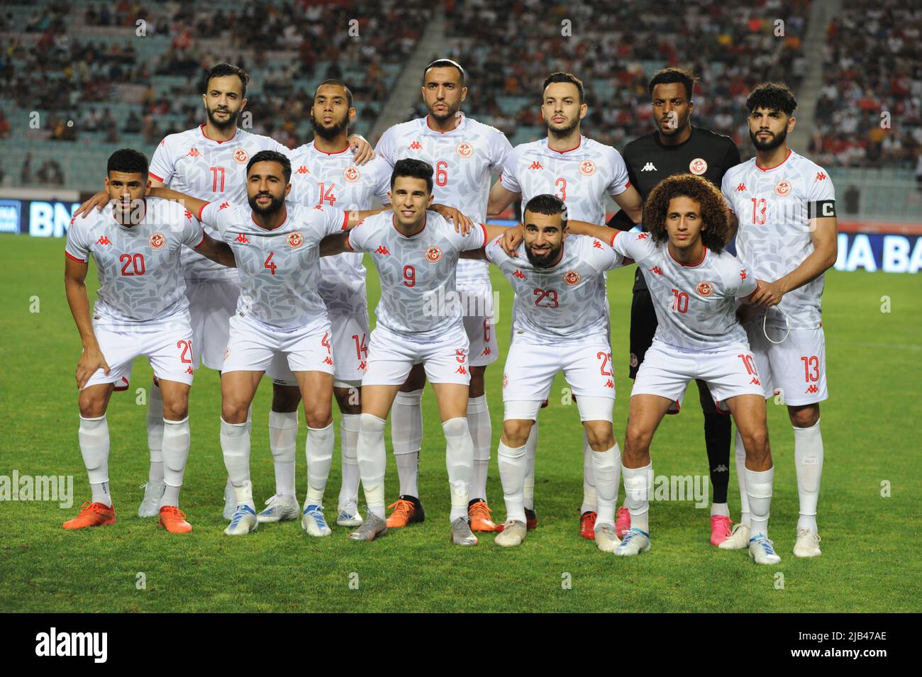 Rades, Tunis, Tunisia. 3rd June, 2022. Team of Tunisia during the match Tunisia vs Equatorial Guinea African Cup of Nations qualifiers Group stage - Group J - day 1 at the Rades stadium. (Credit Image: © Chokri Mahjoub/ZUMA Press Wire) Credit: ZUMA Press, Inc./Alamy Live News Stock Photo